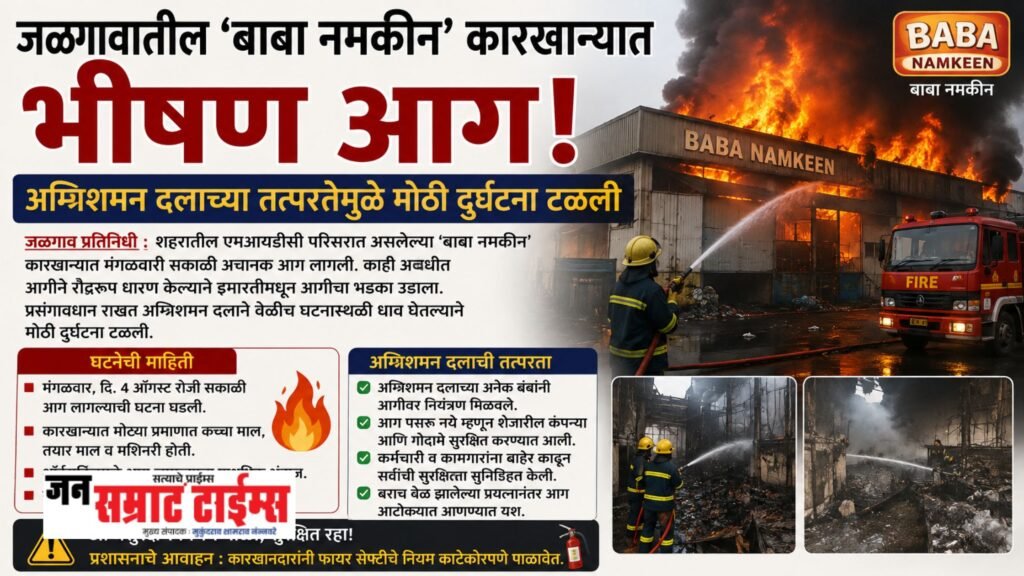 जळगावातील ‘बाबा नमकीन’ कारखान्यात भीषण आग; अग्निशमन दलाच्या तत्परतेमुळे मोठी दुर्घटना टळली अग्निशमन दलाच्या तत्परतेमुळे मोठी दुर्घटना टळली