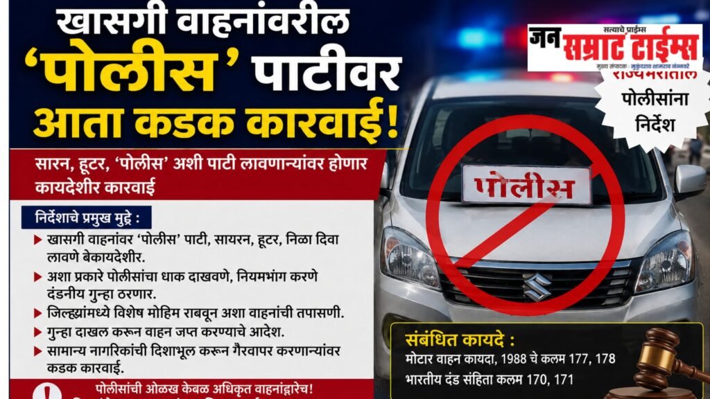 खासगी वाहनांवरील ‘पोलीस’ पाटीवर आता कडक कारवाई; राज्यभरातील पोलीसांना निर्देश खासगी वाहनांवरील 'पोलीस' पाटीवर आता कडक कारवाई