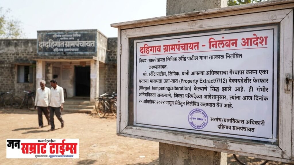 दहिगाव ग्रामपंचायत लिपिक रवींद्र पाटील निलंबित; घराच्या उताऱ्यात फेरफार केल्याप्रकरणी कारवाई लिपिक रवींद्र पाटील निलंबित